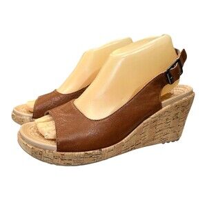 Crocs A-LEIGH Brown Leather Slingback Cork Platform Wedge Pump Sandal  Size 8